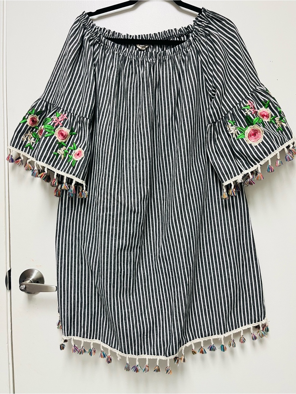 Source Unknown Black & White Striped Off-Shoulder Dress with Floral Embroidery